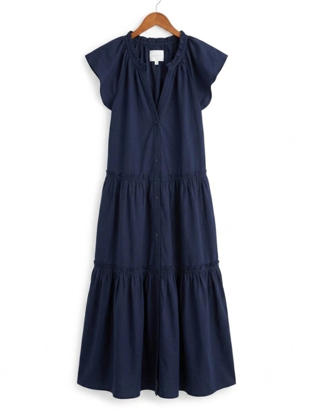 ​Brochu Walker Havana Dress Navy Blue Tiered Cotton Midi Maxi Ruffle Neck Size L